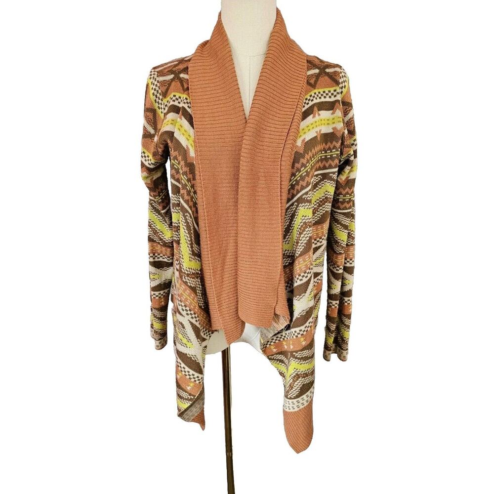 Blu Pepper Southwestern Design Fall Orange Brown‎ Open Shawl Cardigan Sweater Sm